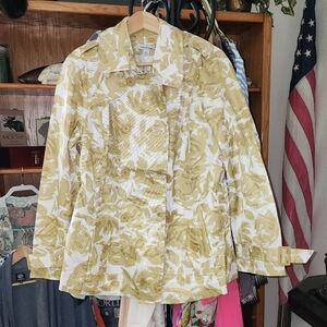 Joan Rivers Floral Tan Short Trench Coat With Belt Front Pockets Belted Wrists